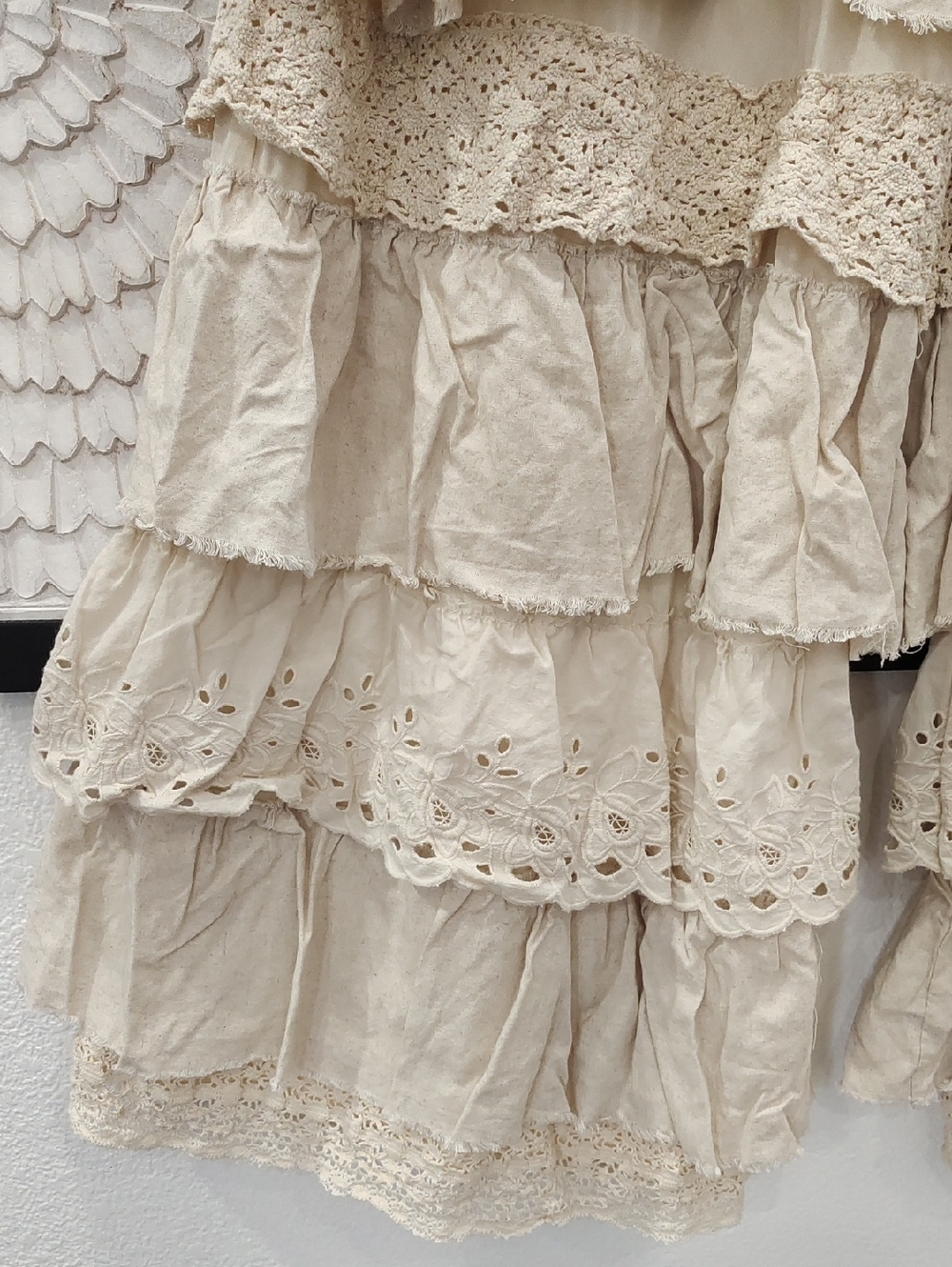 Boho Tiered Ruffle Eyelet Crochet Pants in Beige - Picture 5 of 8